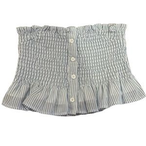 Blue and White Striped Ruched Button Front Tube Bandeau Top